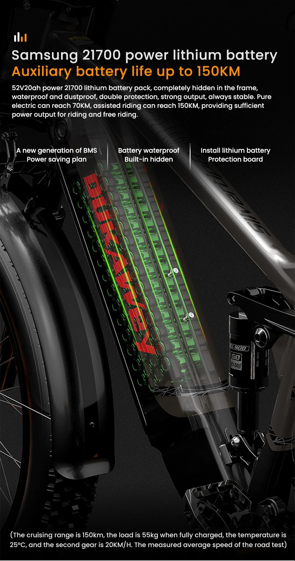Batteria Samsung 21700 con LED verdi e componenti per biciclette.