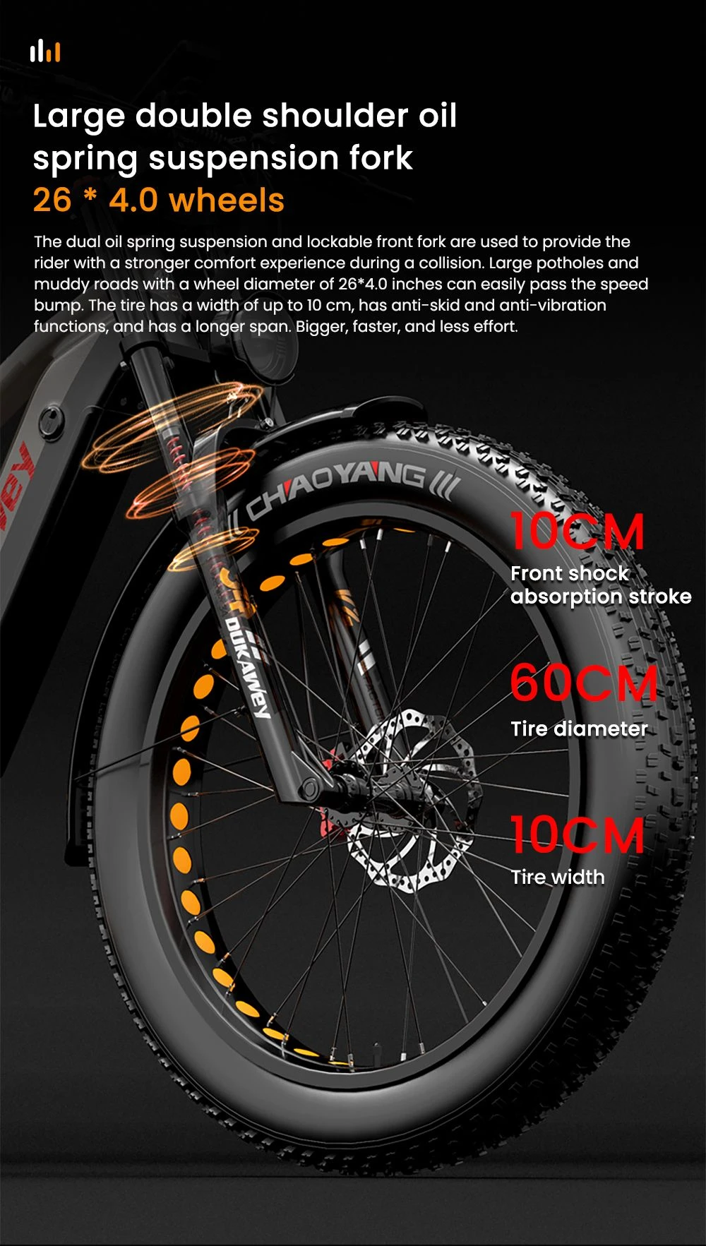 Vista frontale di una e-bike con forcella e pneumatico larghi, specifiche elencate.