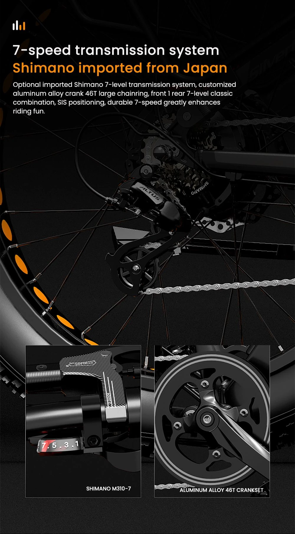 Dettaglio trasmissione bicicletta: deragliatore, guarnitura e cambio Shimano.