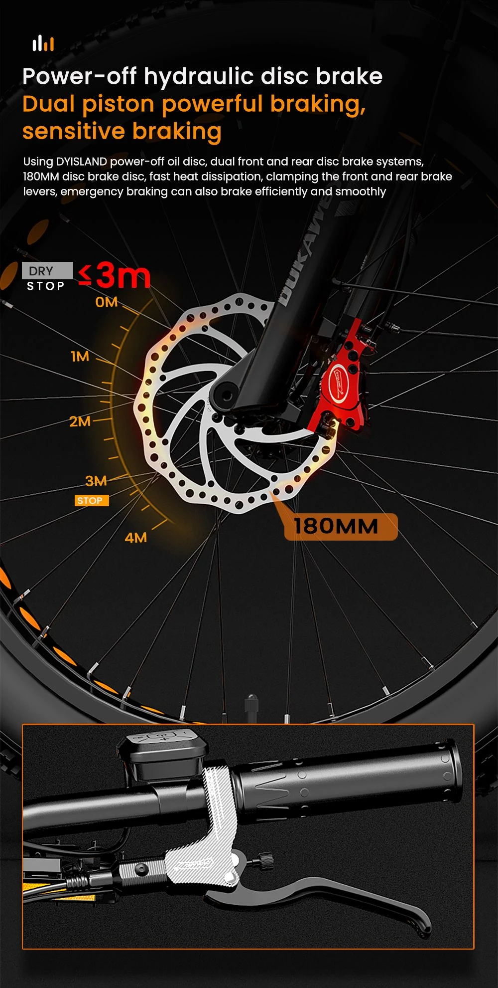 Freno a disco per bici da 180 mm con pinza rossa e leva freno.