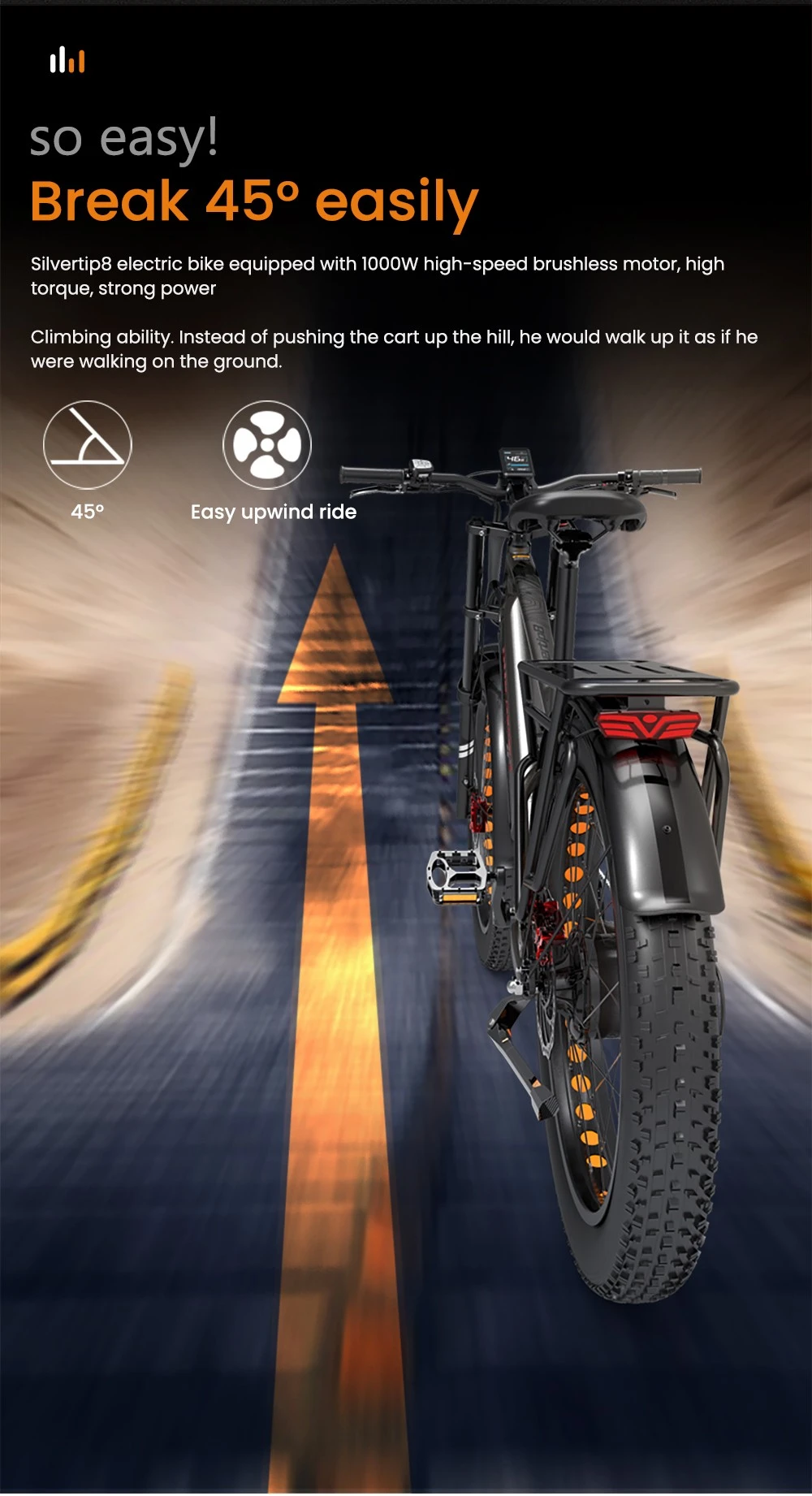 Bici elettrica nera con gomme larghe sale in salita su strada con freccia arancione.