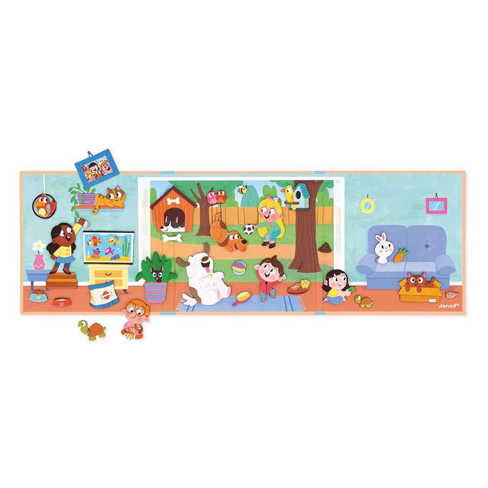 Illustration von Kindern und Tieren in einem Haus und Garten. Mit Hunden, Katzen, Hasen, Schildkröten und Vögeln.