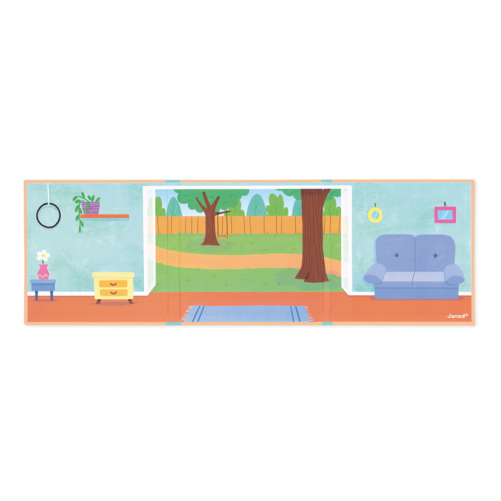 Haus- und Gartenszene mit Sofa, Kommode, Pflanze und Schaukel im Freien.