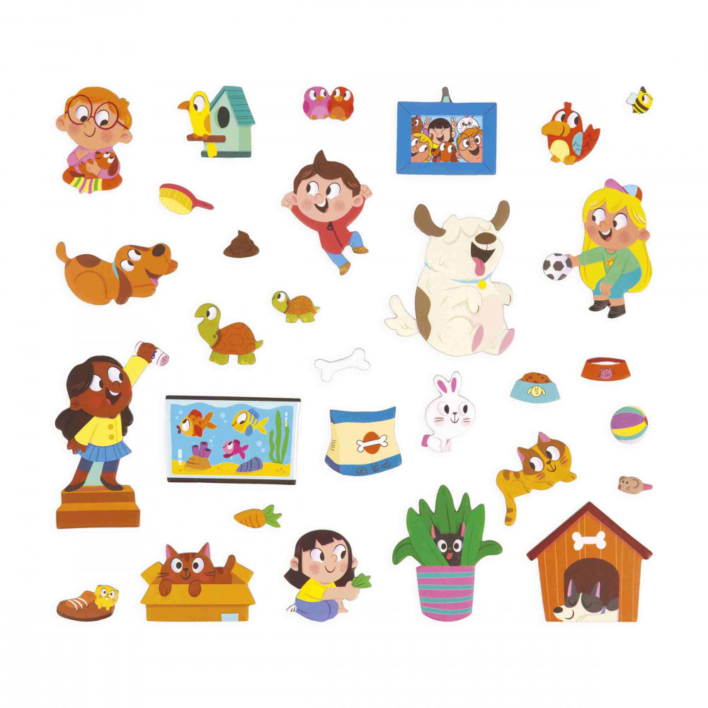 Bunte Illustration von Kindern und Haustieren.