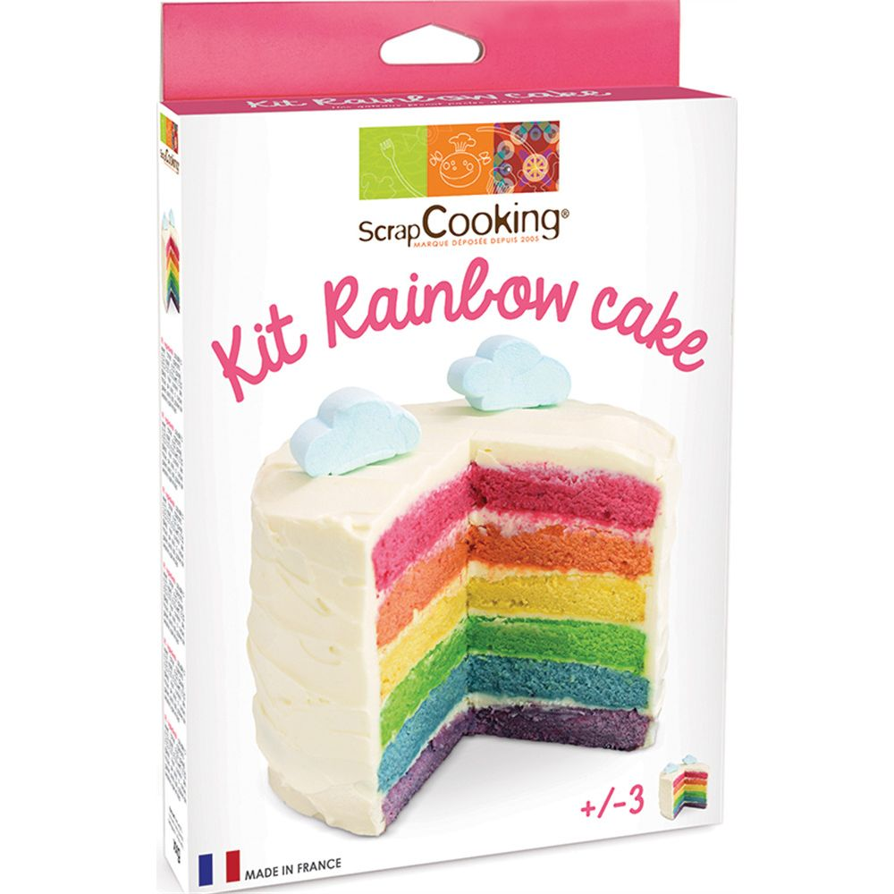ScrapCooking Rainbow Cake Kit-Verpackung mit einem Stück Regenbagenkuchen mit weißer Glasur und Wolken.