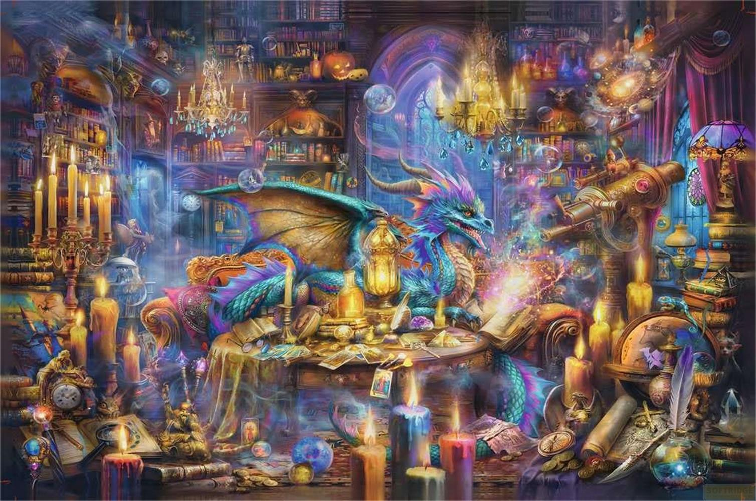 Ein bizarrer Drache sitzt in einem magischen Arbeitszimmer voller Bücher, Kerzen und Artefakten.
