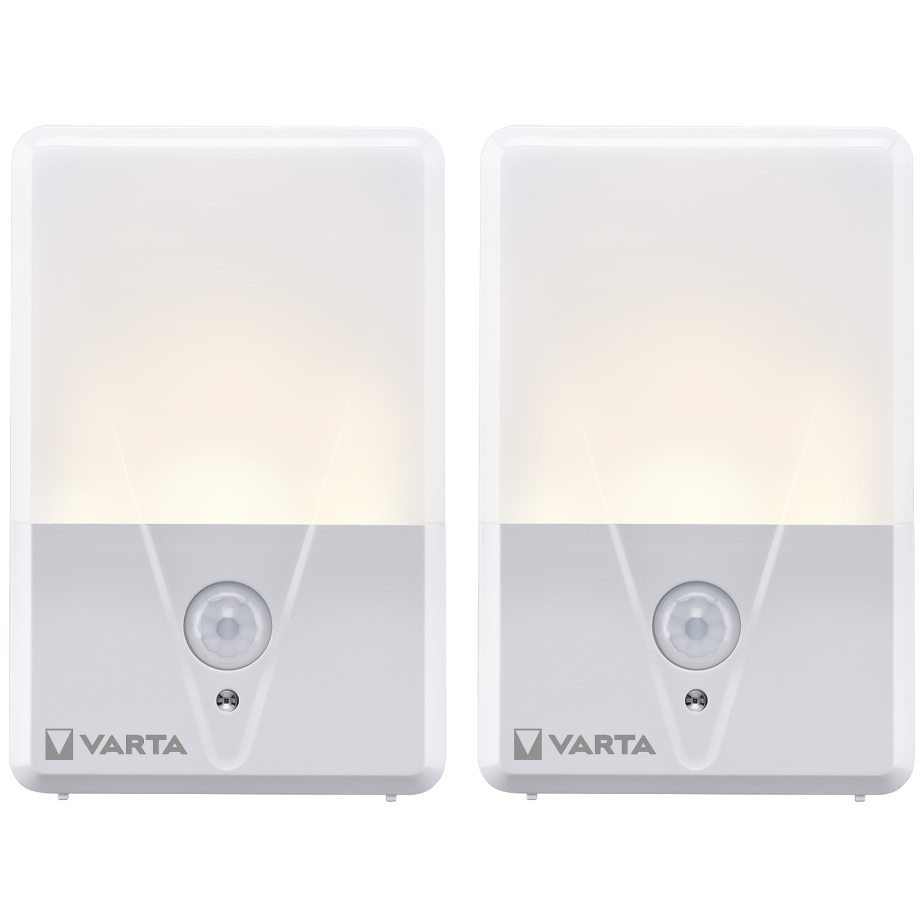 Zwei weiße Varta Nachtlichter mit Bewegungsmelder und Varta-Logo.