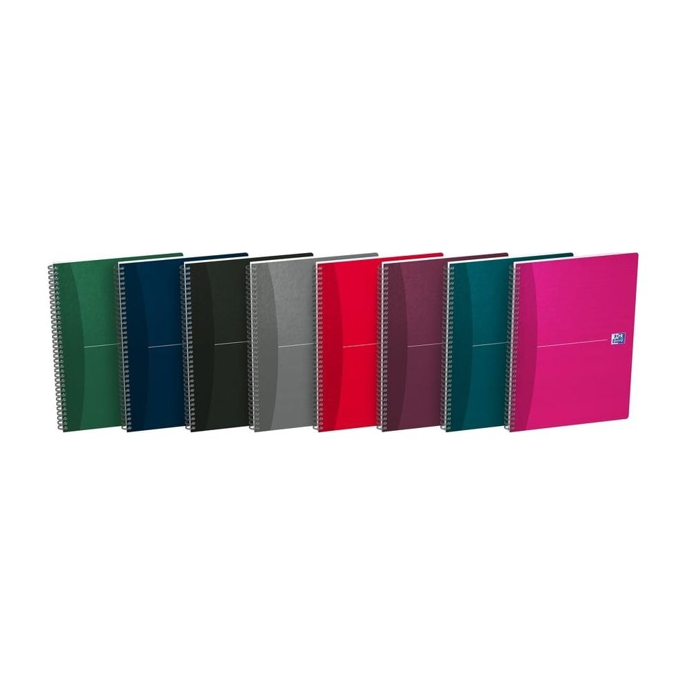 A row of spiral-bound notebooks in various colors: green, navy, black, gray, red, burgundy, teal, and pink.