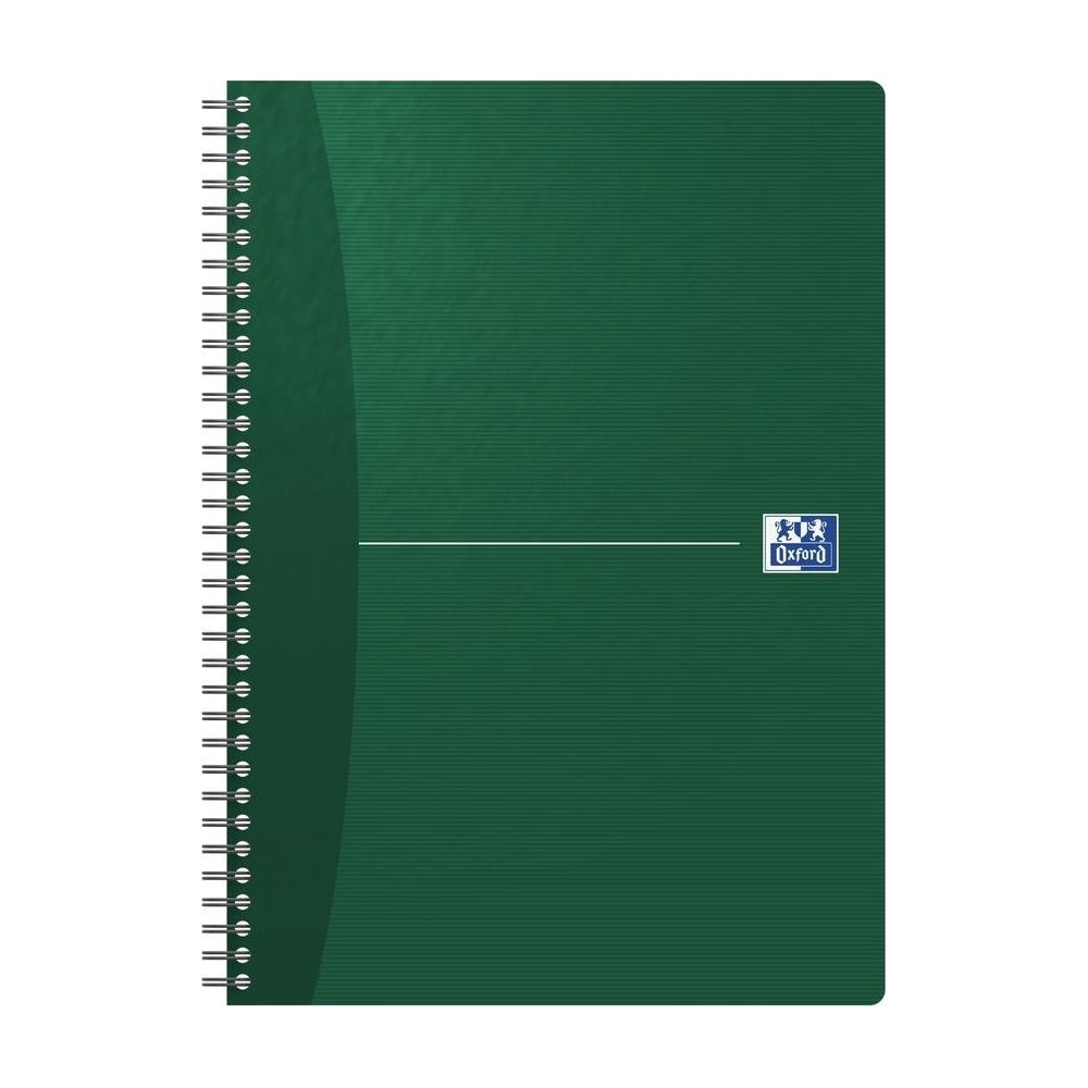Ein grünes Notizbuch mit Spiralbindung und dem Oxford-Logo.