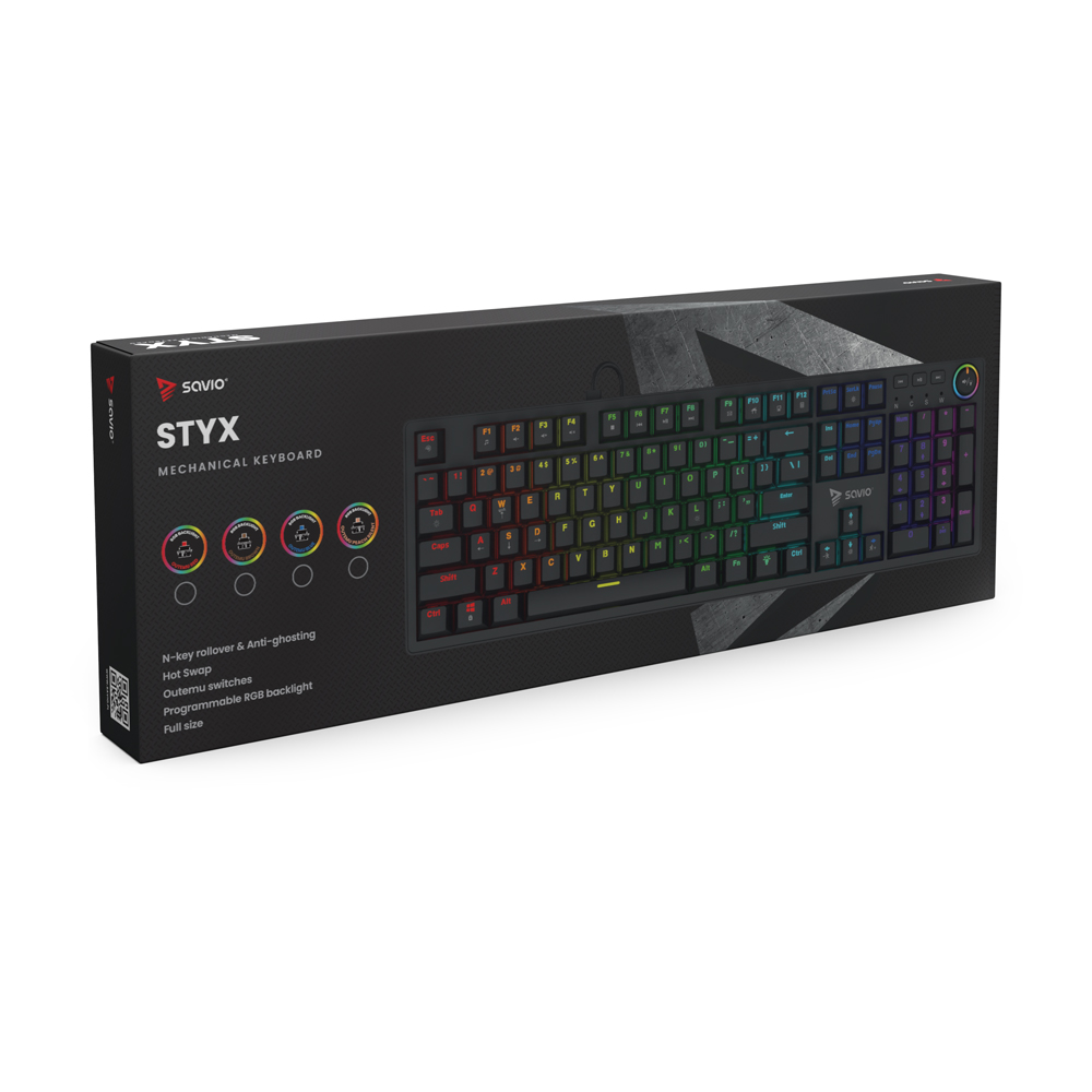 Czarne opakowanie kartonowe klawiatury mechanicznej Savio Styx z podświetleniem RGB.