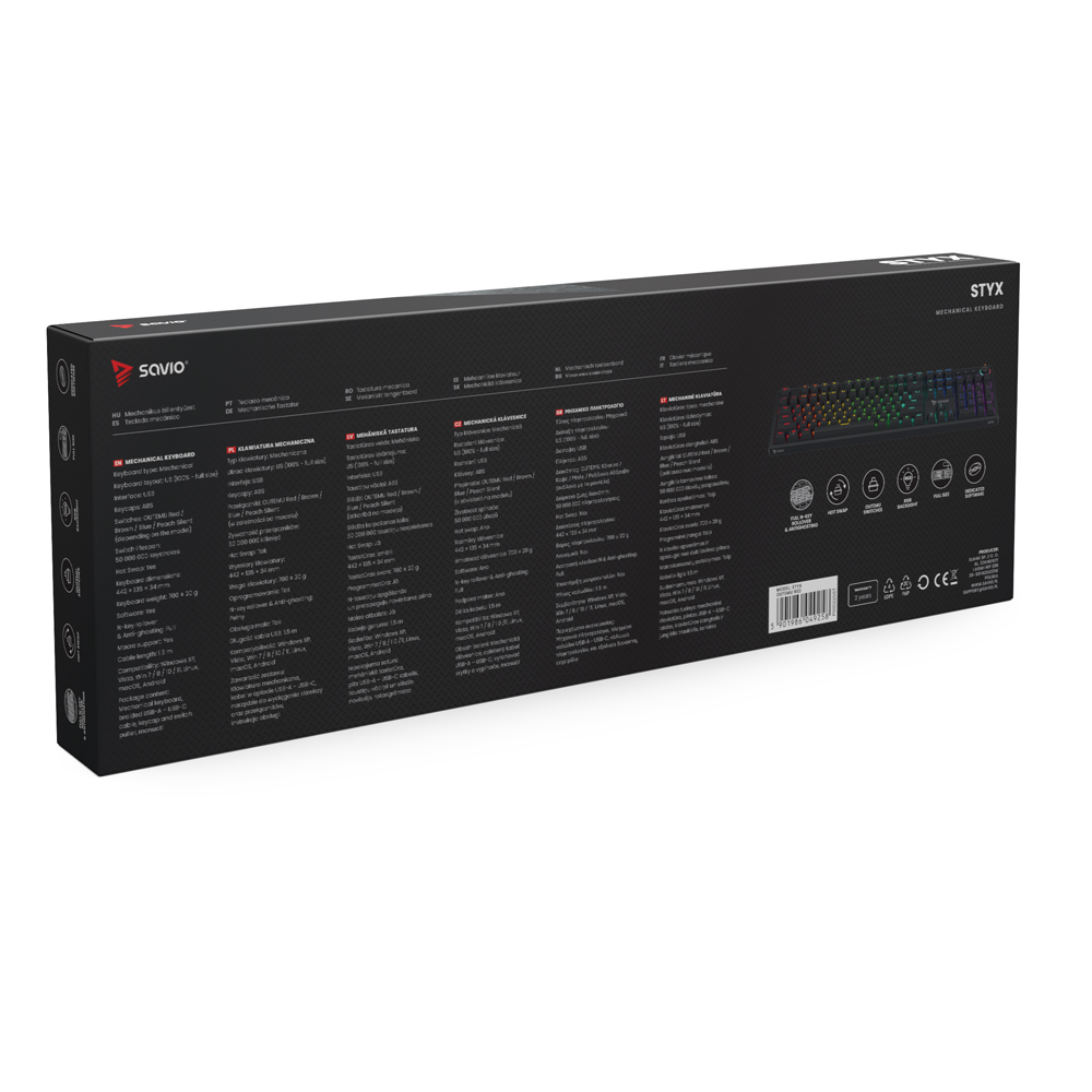 Opakowanie klawiatury mechanicznej z podświetleniem RGB i informacjami o produkcie.