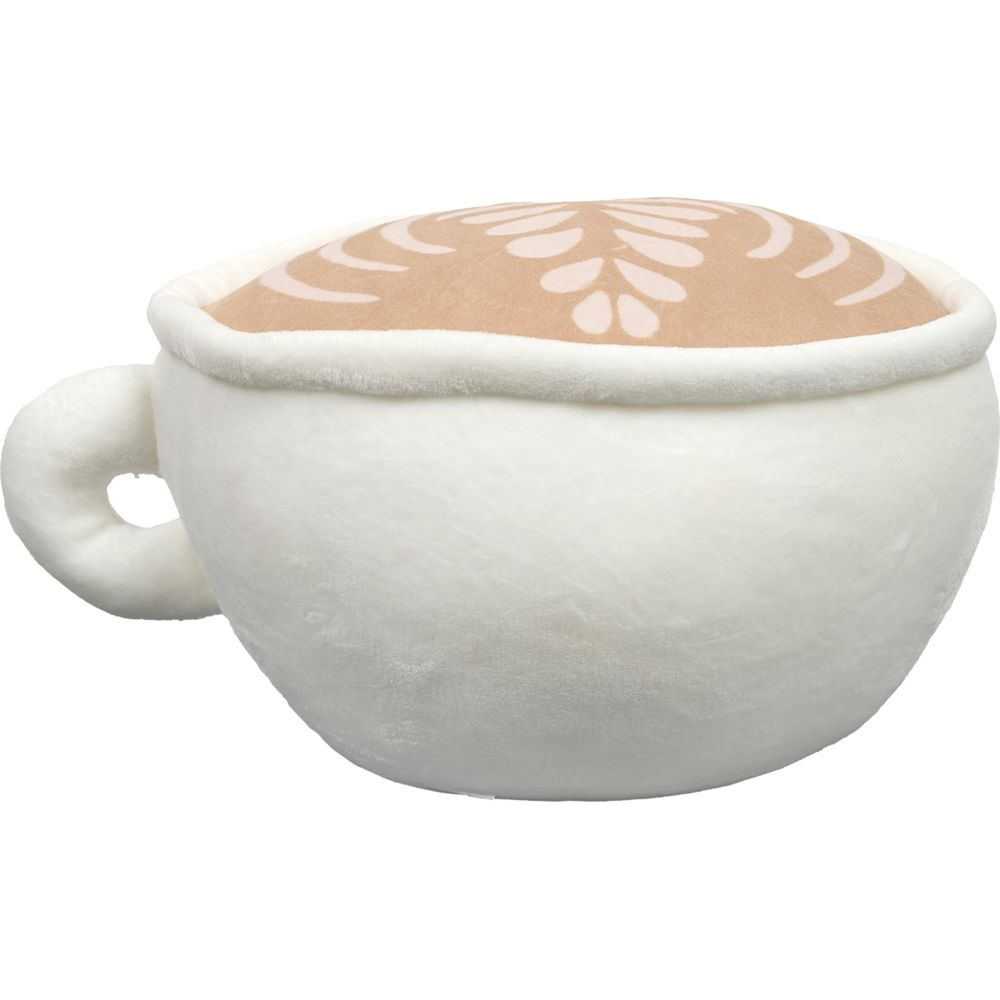 Un cuscino a forma di tazza da caffè bianca in peluche con disegno latte art.