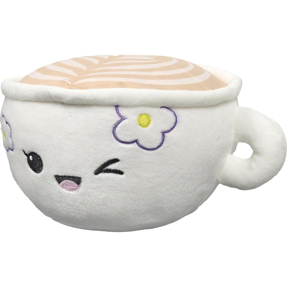 Un peluche bianco a forma di tazza da caffè con faccia sorridente e fiori.