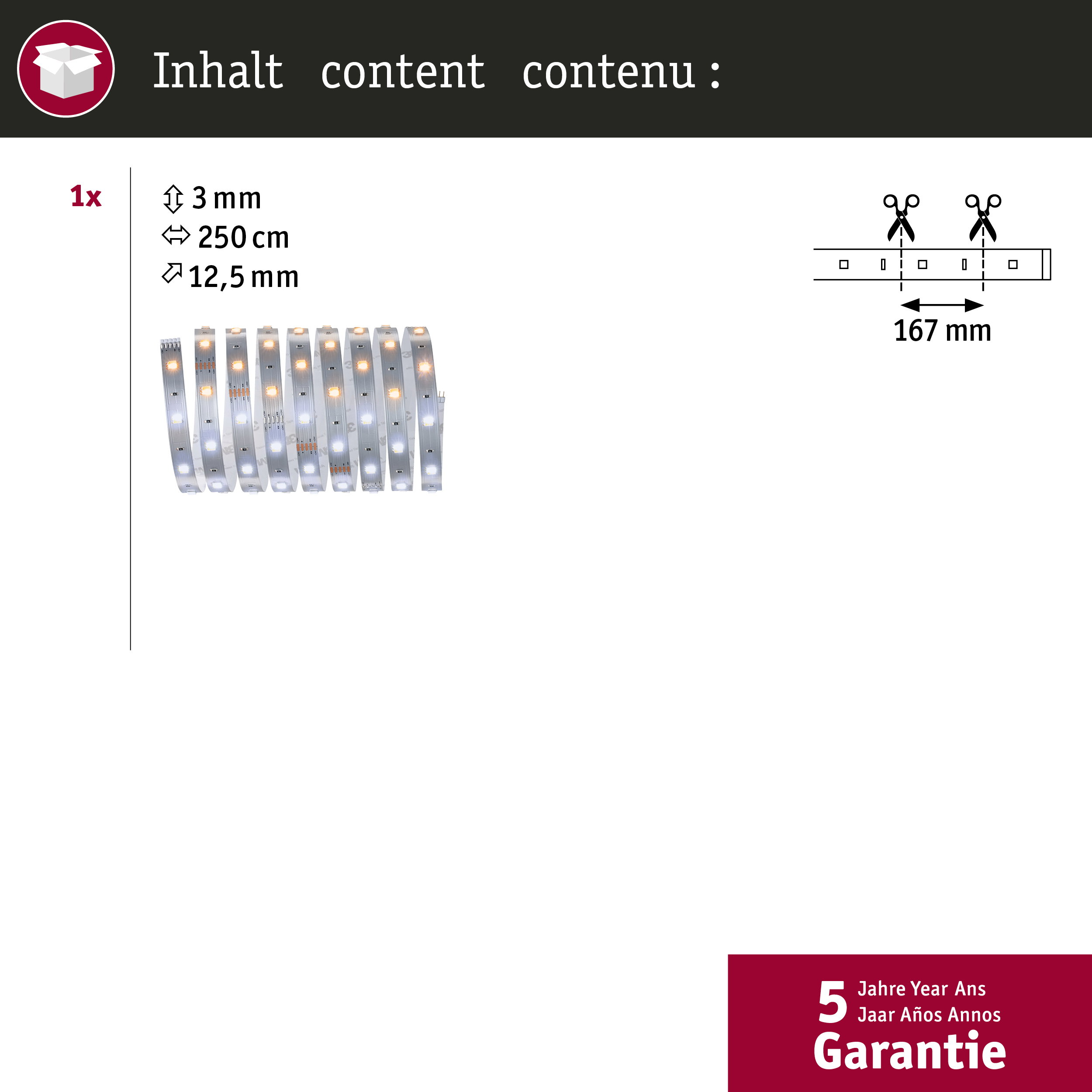 Taśma LED o wymiarach 3mm, 250cm, 12.5mm i długości cięcia 167mm.
