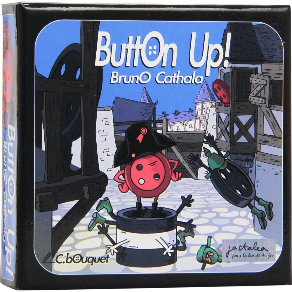 Spielverpackung mit Cartoon-Knöpfen in einer Dorfszene. Button Up! Bruno Cathala.