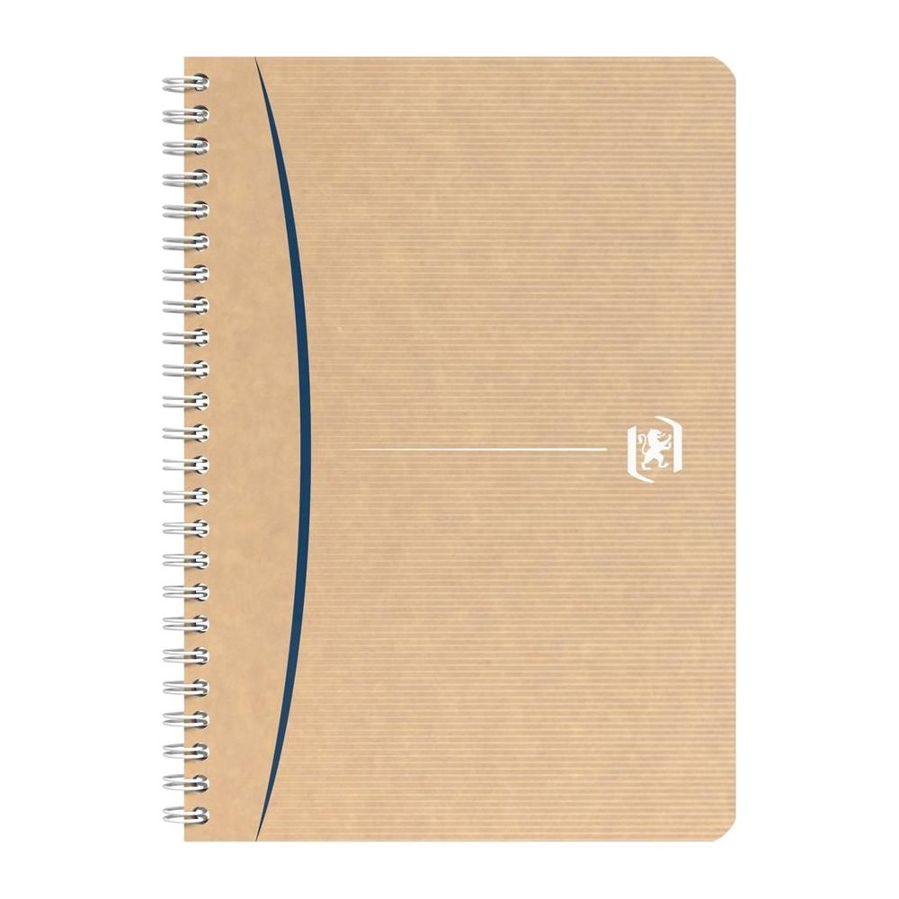 Spiralgebundenes Notizbuch mit braunem Deckel und blauem Streifen.