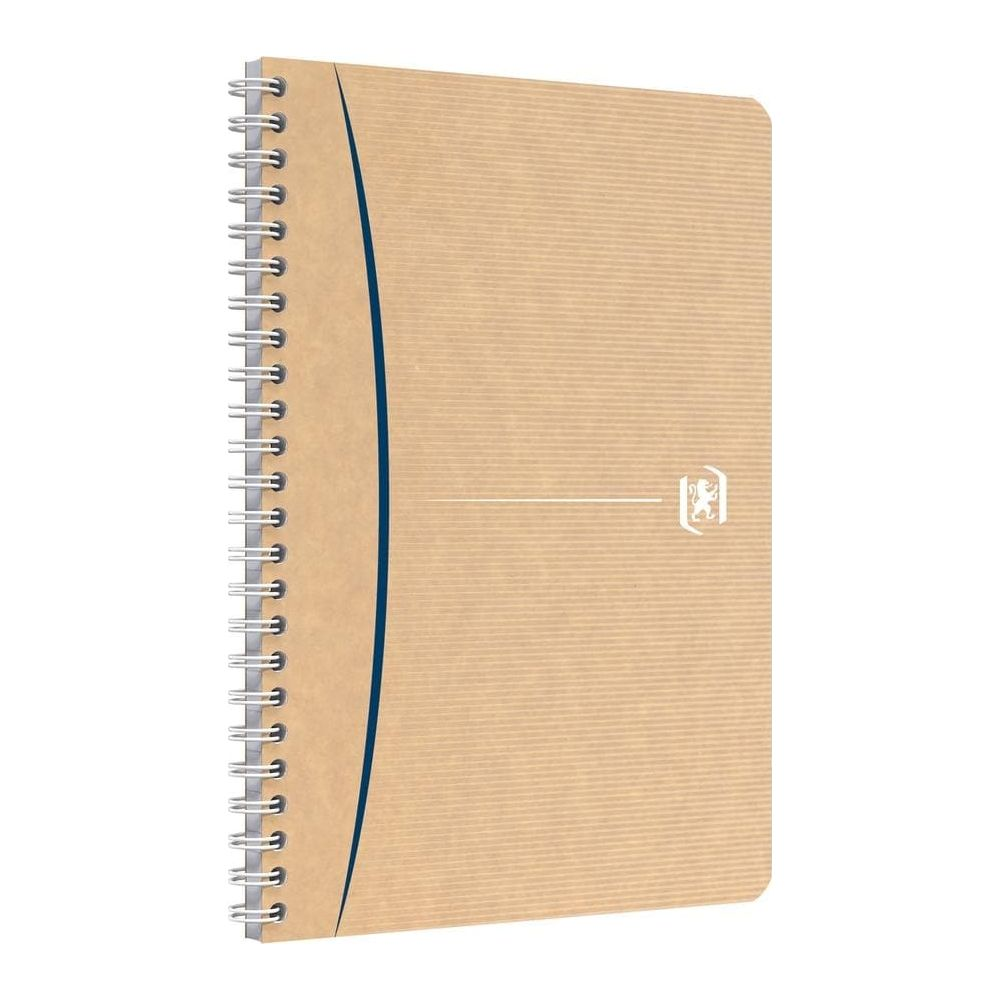Ein braunes Notizbuch mit Spiralbindung und einem blauen geschwungenen Streifen.