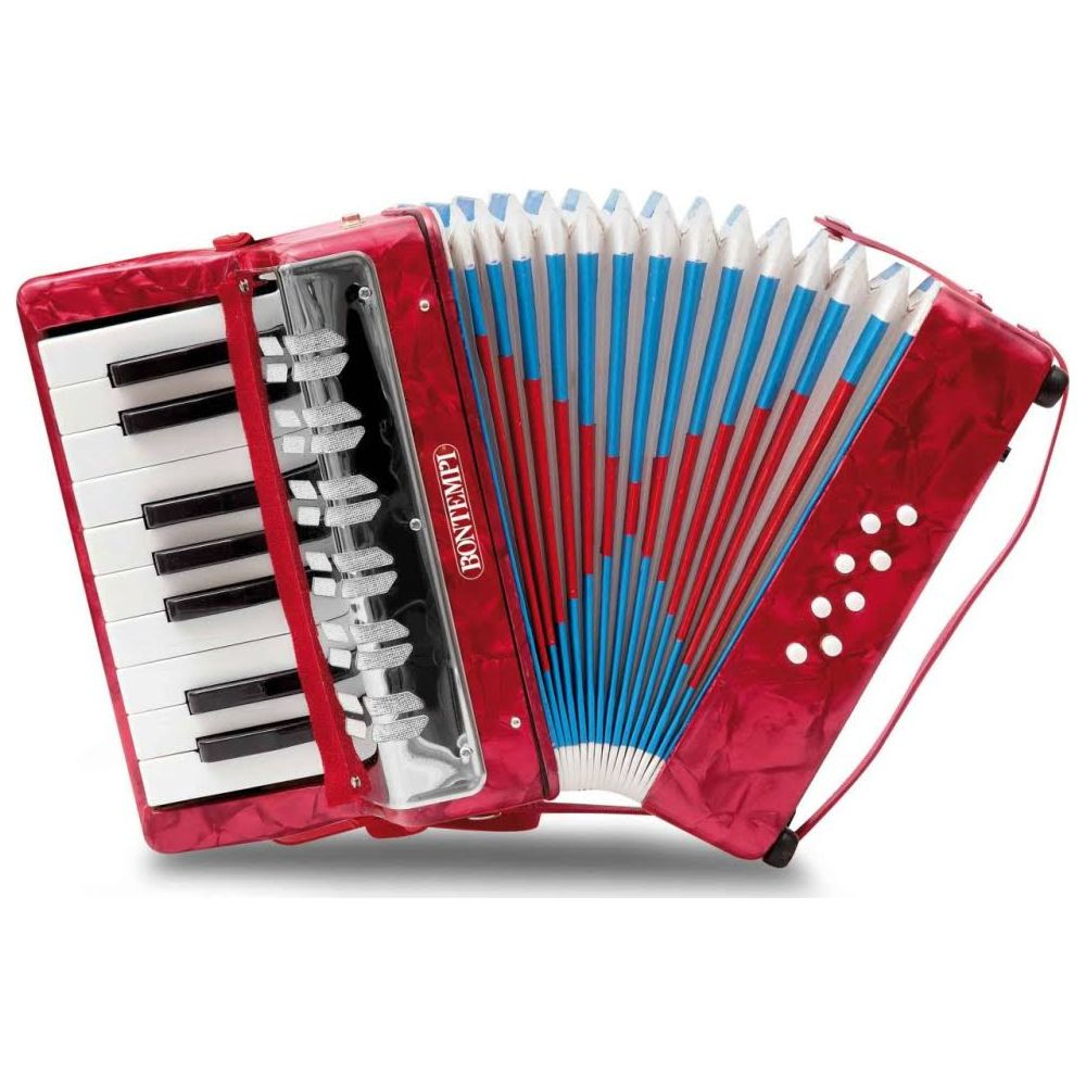 Ein rotes BONTEMPI Akkordeon mit weißen Tasten und einem rot/blauen Balg.