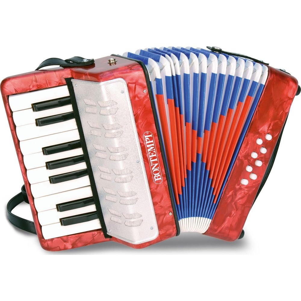 Ein rotes Bontempi-Akkordeon mit schwarzen und weißen Tasten und einem blau-roten Balg.