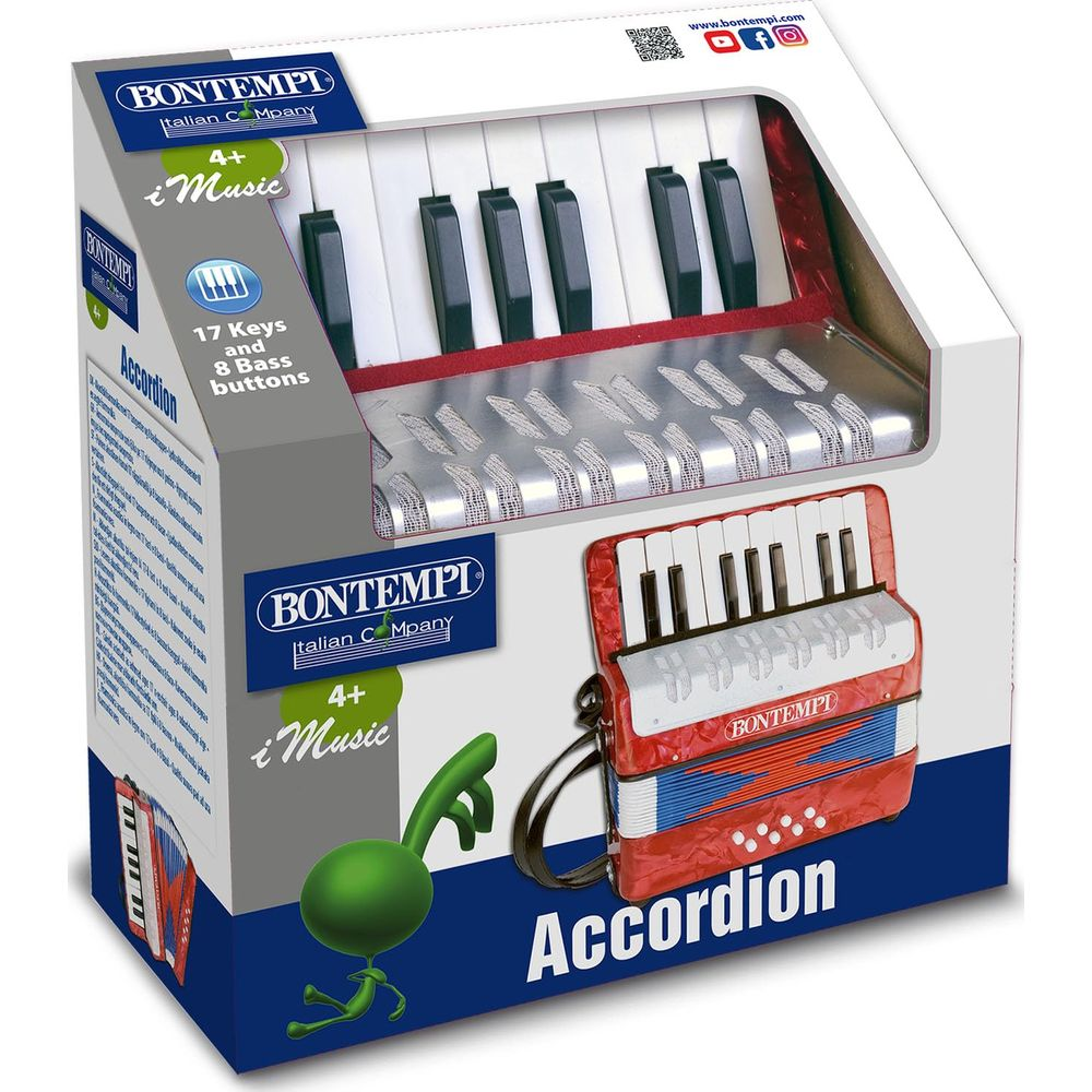Ein rotes Bontempi-Akkordeon-Spielzeug mit Tastatur und Knöpfen.