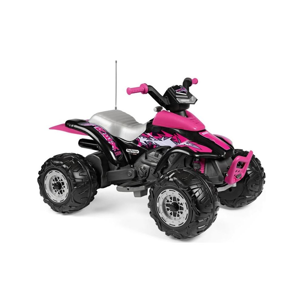 Ein pinkfarbenes und schwarzes Kinder-Quad mit großen Reifen und Rennstreifen.