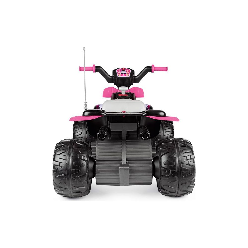 Ein rosa und weißes Elektro-Quad mit großen Reifen, von hinten.