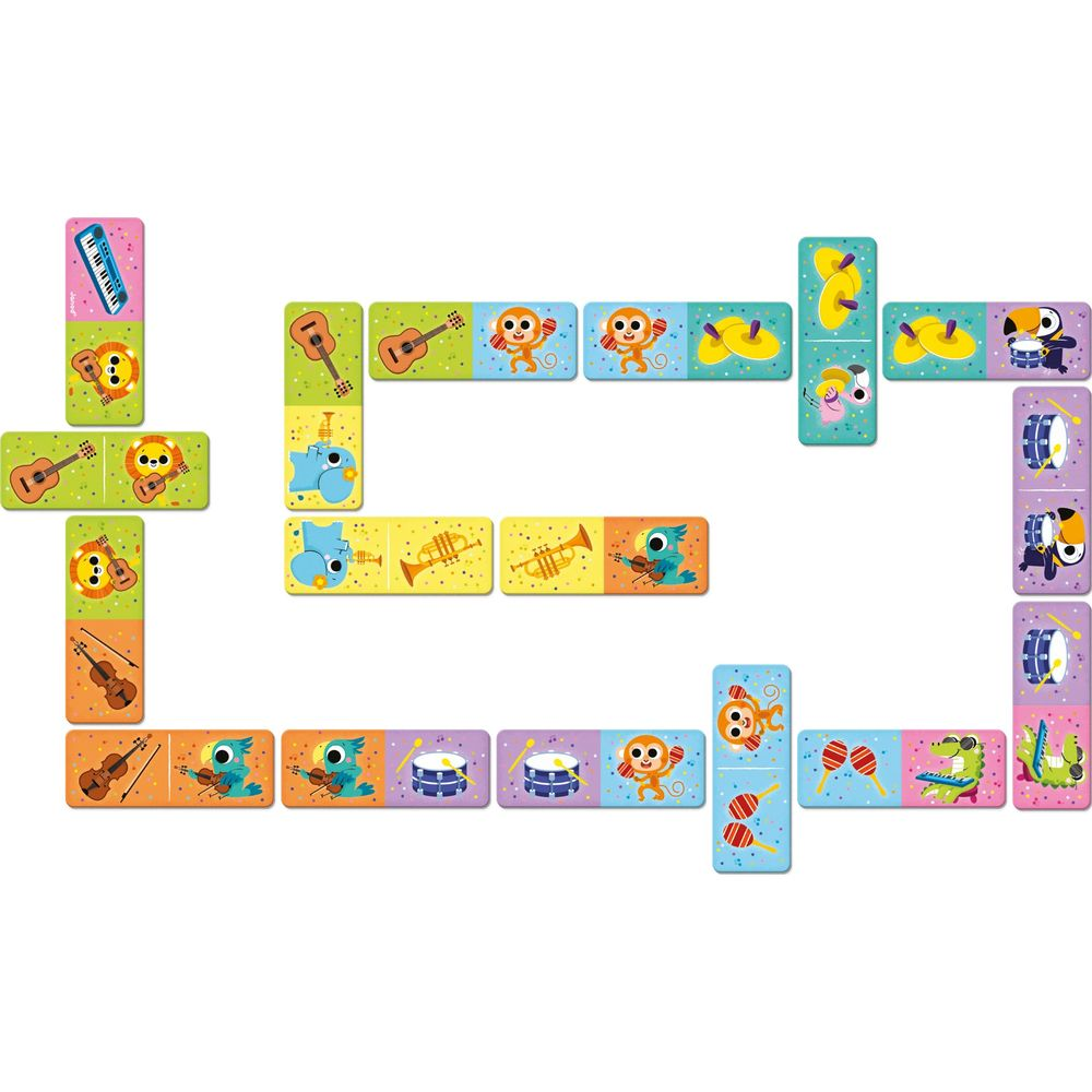 Tessere del domino con strumenti musicali e animali colorati.