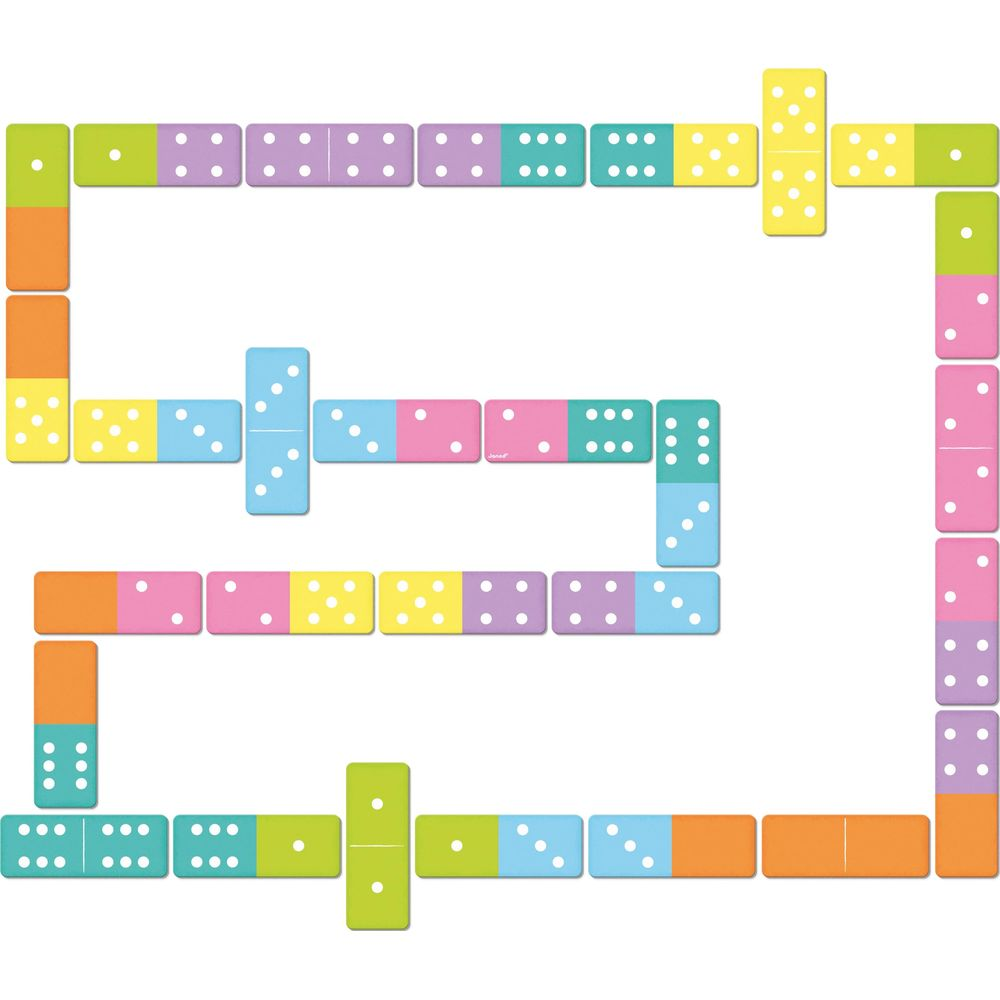 Domino colorati disposti a forma di labirinto su sfondo bianco.