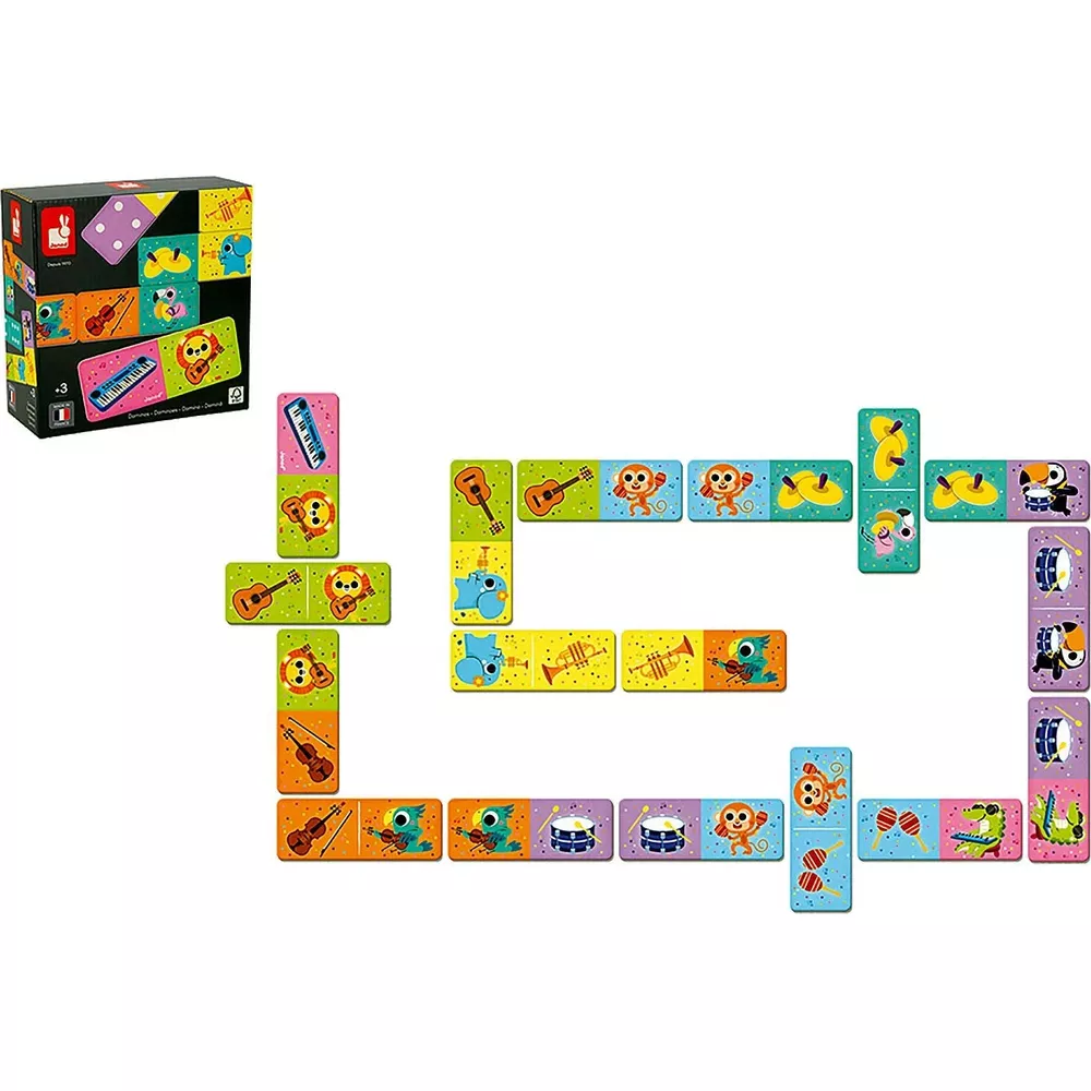 Gioco di domino con strumenti musicali e animali: chitarre, scimmie, trombe, tamburi, uccelli.