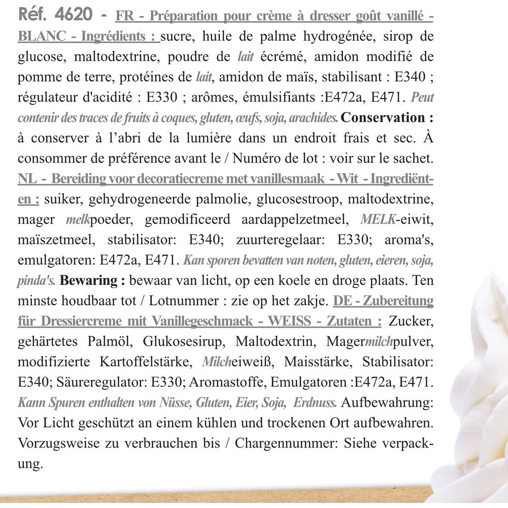 Zutatenliste und Zubereitungshinweise für Vanillecreme. Enthält Nüsse, Gluten, Eier, Soja.