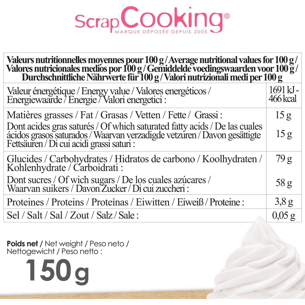 Nährwerttabelle für 100g, mit Energie, Fett, Kohlenhydraten, Proteinen und Salz. Nettogewicht 150g.
