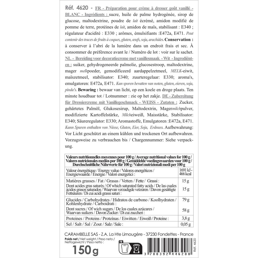 Produktinformationen mit Zutaten, Nährwerten und Herstellerdaten. 150g.