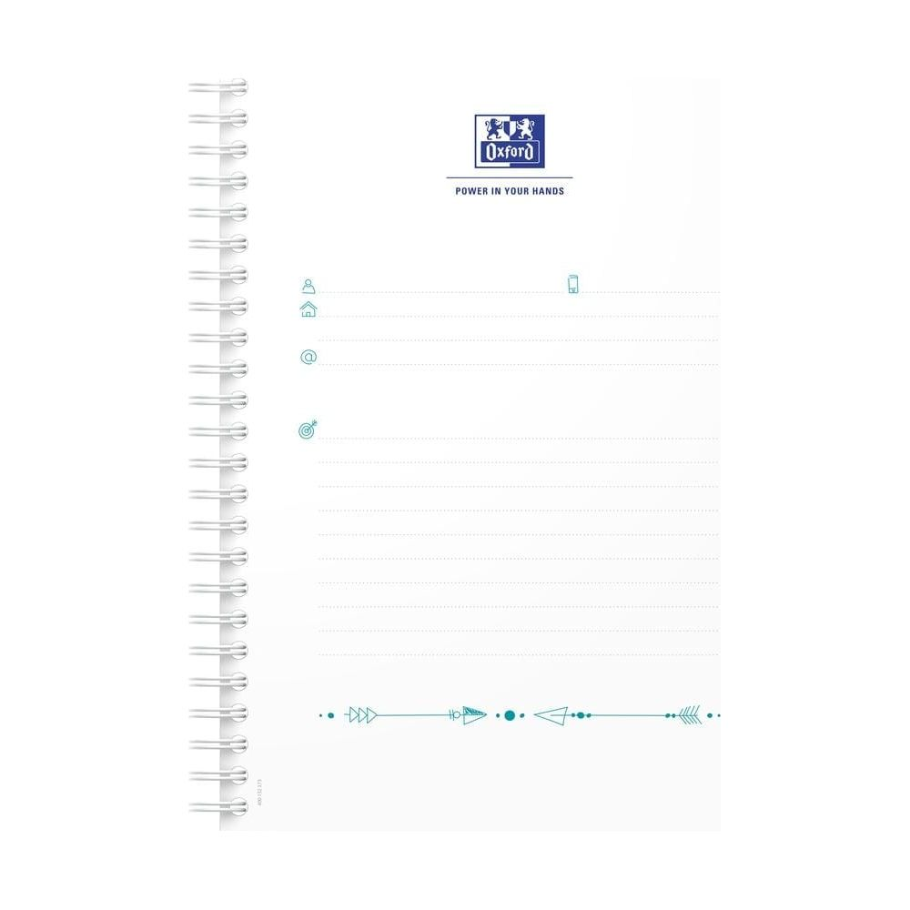 Ein weißes Notizbuch mit blauem Oxford-Logo und dem Text 'POWER IN YOUR HANDS'.