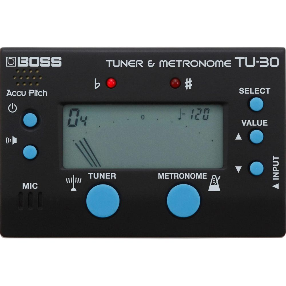 Ein schwarzes BOSS TU-30 Stimmgerät und Metronom mit blauem Display und Tasten.