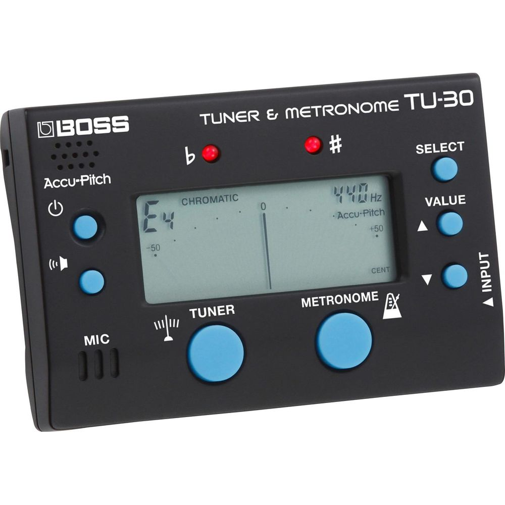 Schwarzes Boss TU-30 Stimmgerät und Metronom mit digitaler Anzeige, die E4 zeigt.