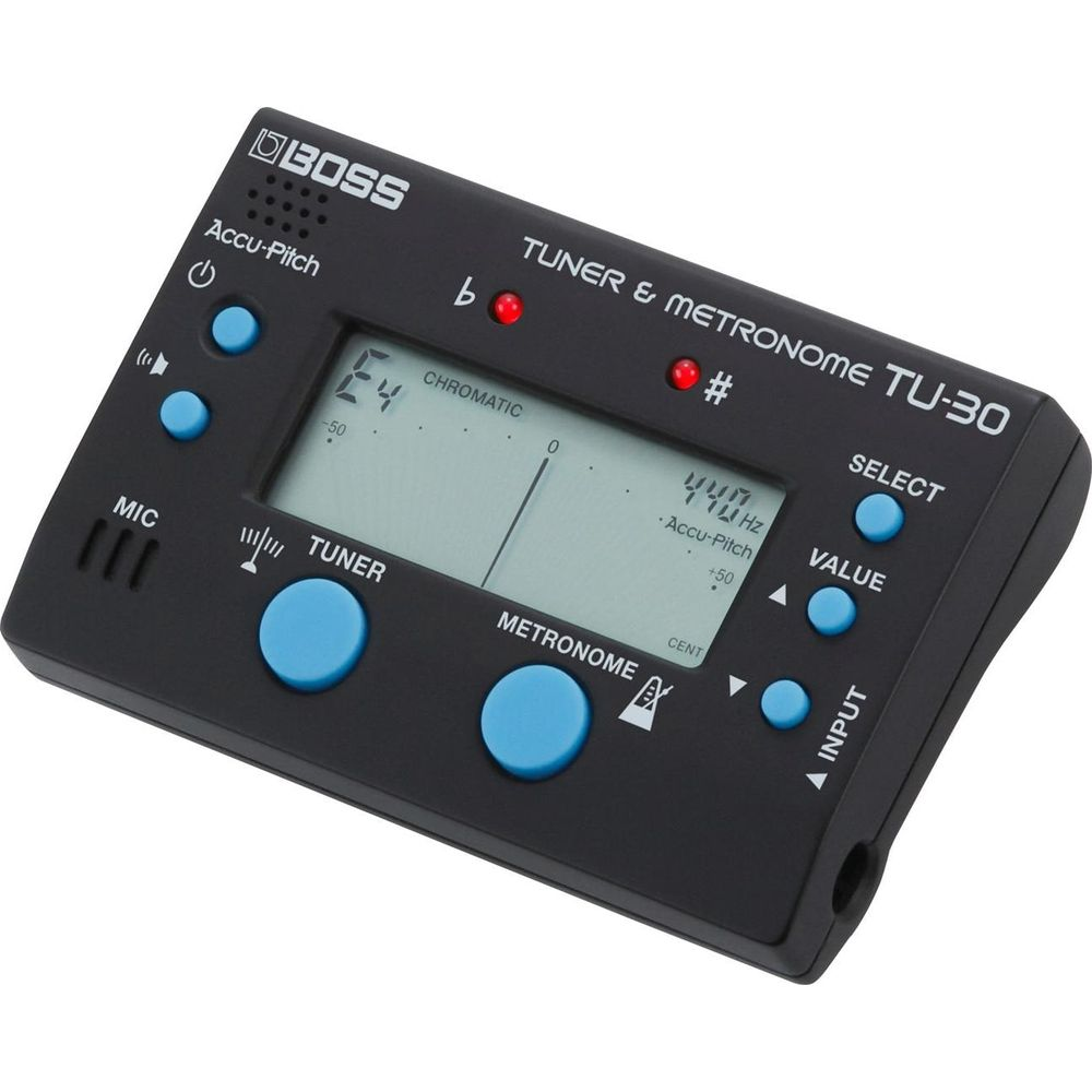 Schwarzes Boss TU-30 Stimmgerät und Metronom mit LCD-Display und blauen Knöpfen.