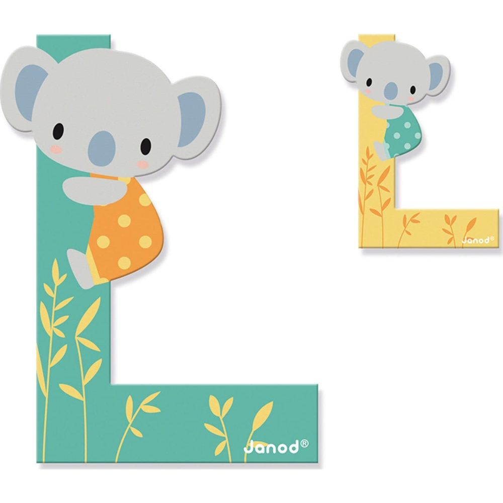 Due lettere L con koala. Una è turchese con pois arancioni, l'altra gialla con pois verdi.