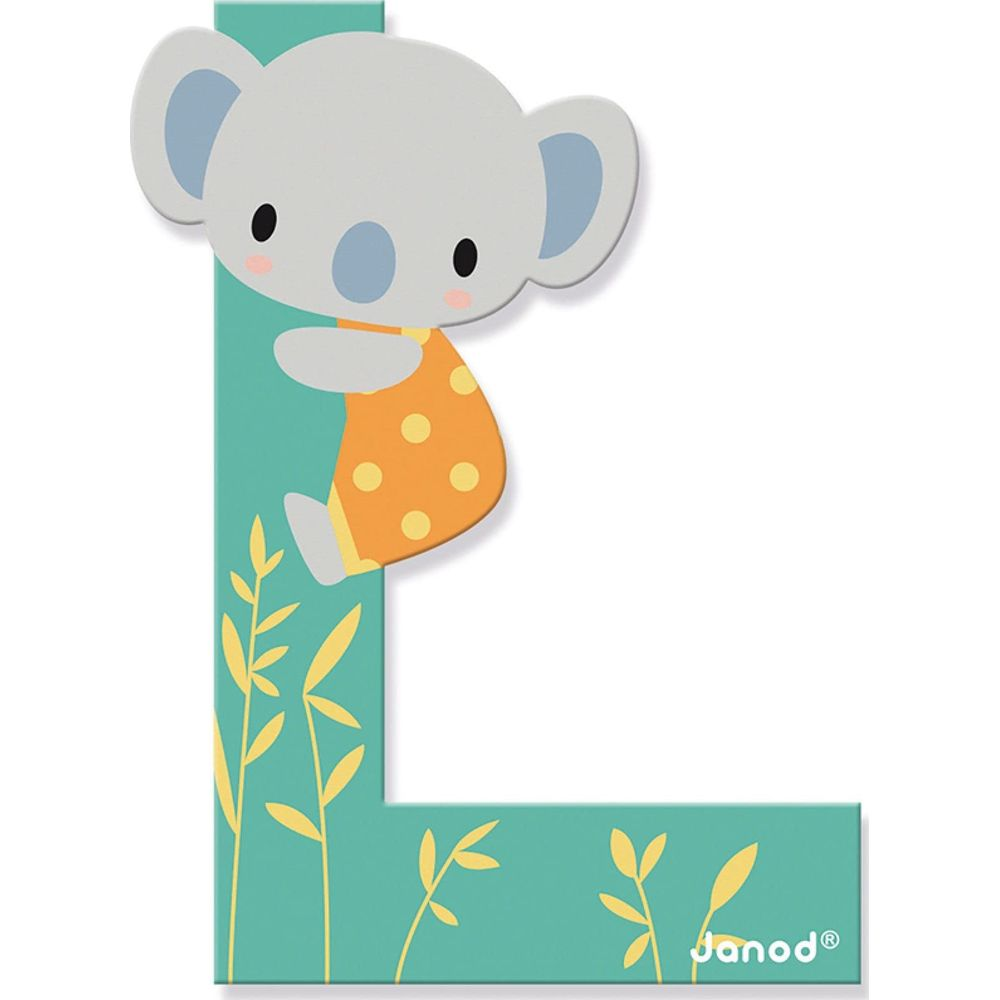 Un simpatico koala su una L verde acqua con foglie gialle. Indossa un vestito arancione a pois.