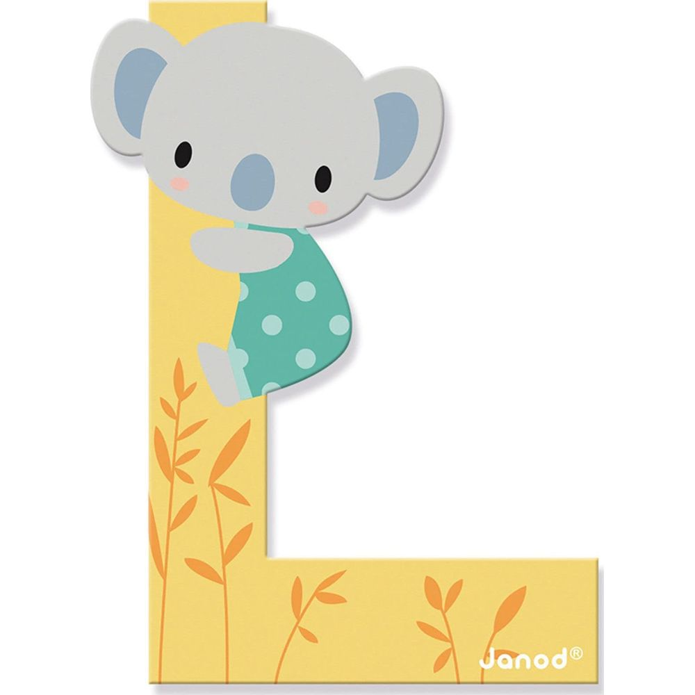 Un koala grigio si aggrappa alla lettera L gialla con piante arancioni.