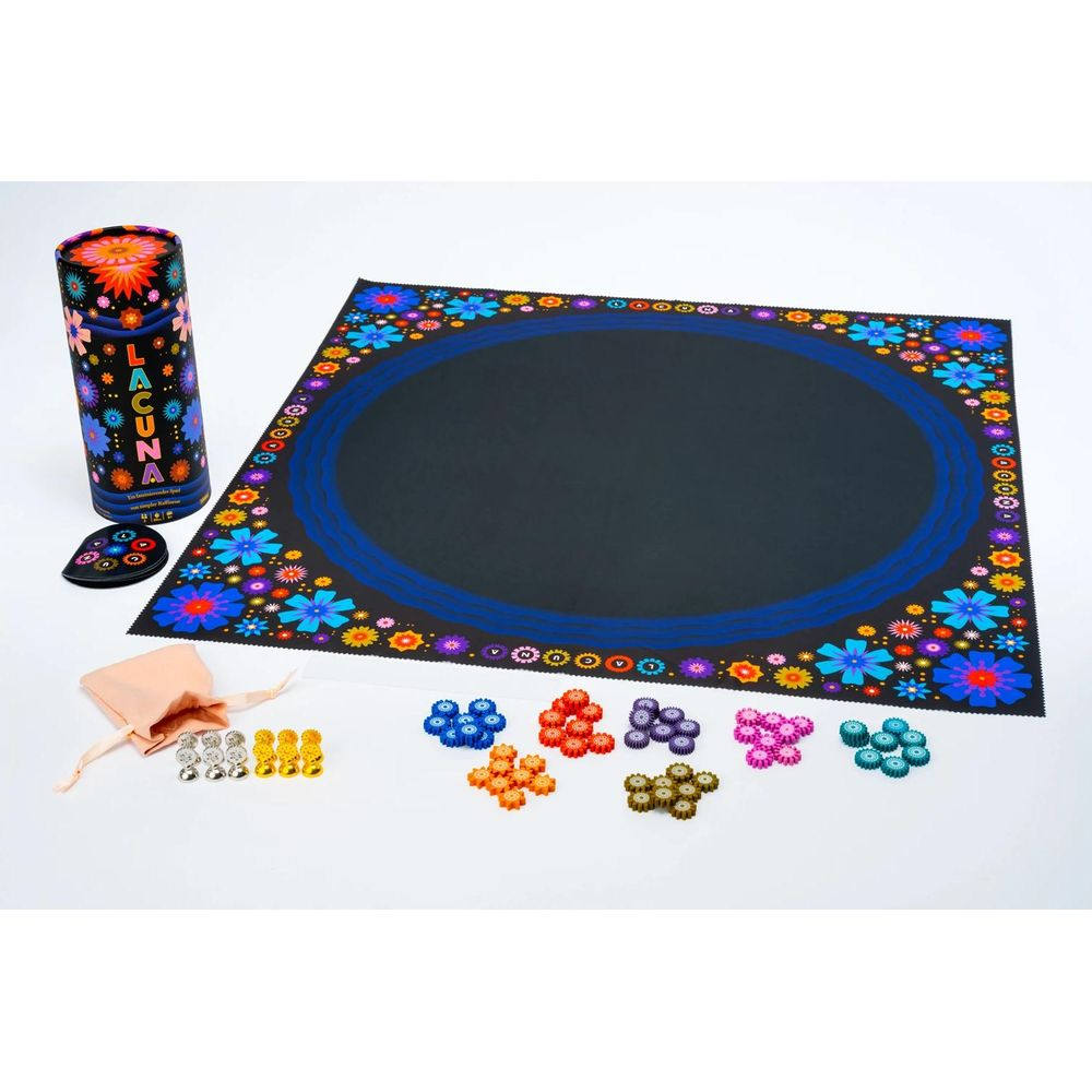 Brettspiel mit Blumenrand, Spielsteinen in bunten Farben und einer Spielanleitung-Rolle.