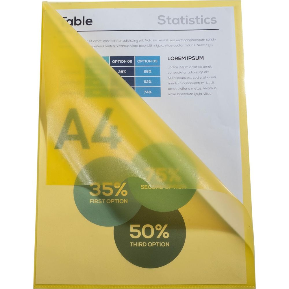 Gelbe Mappe mit Dokumenten und Diagrammen, A4-Größe, mit Statistiken.