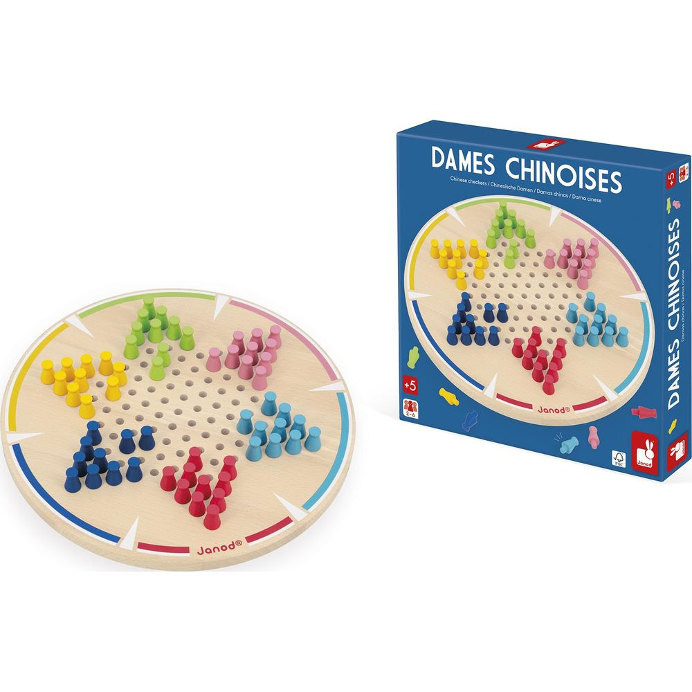 Holzspielbrett und Verpackung für Chinesische Damen mit bunten Spielfiguren.