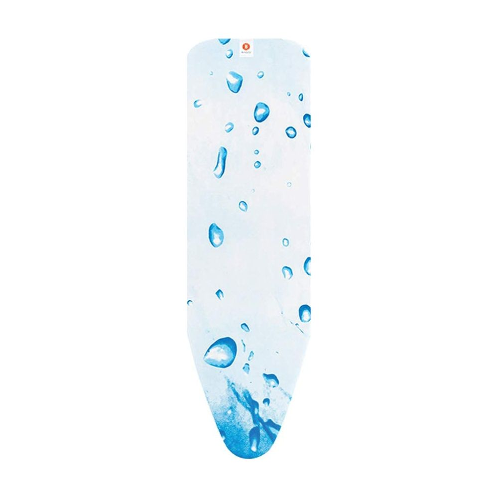 Housse de planche à repasser avec des gouttes d'eau bleues sur fond blanc.
