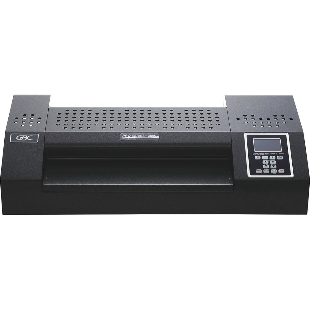 Ein schwarzer GBC Pro Series 3600 Laminator mit Bedienfeld und LCD-Bildschirm.