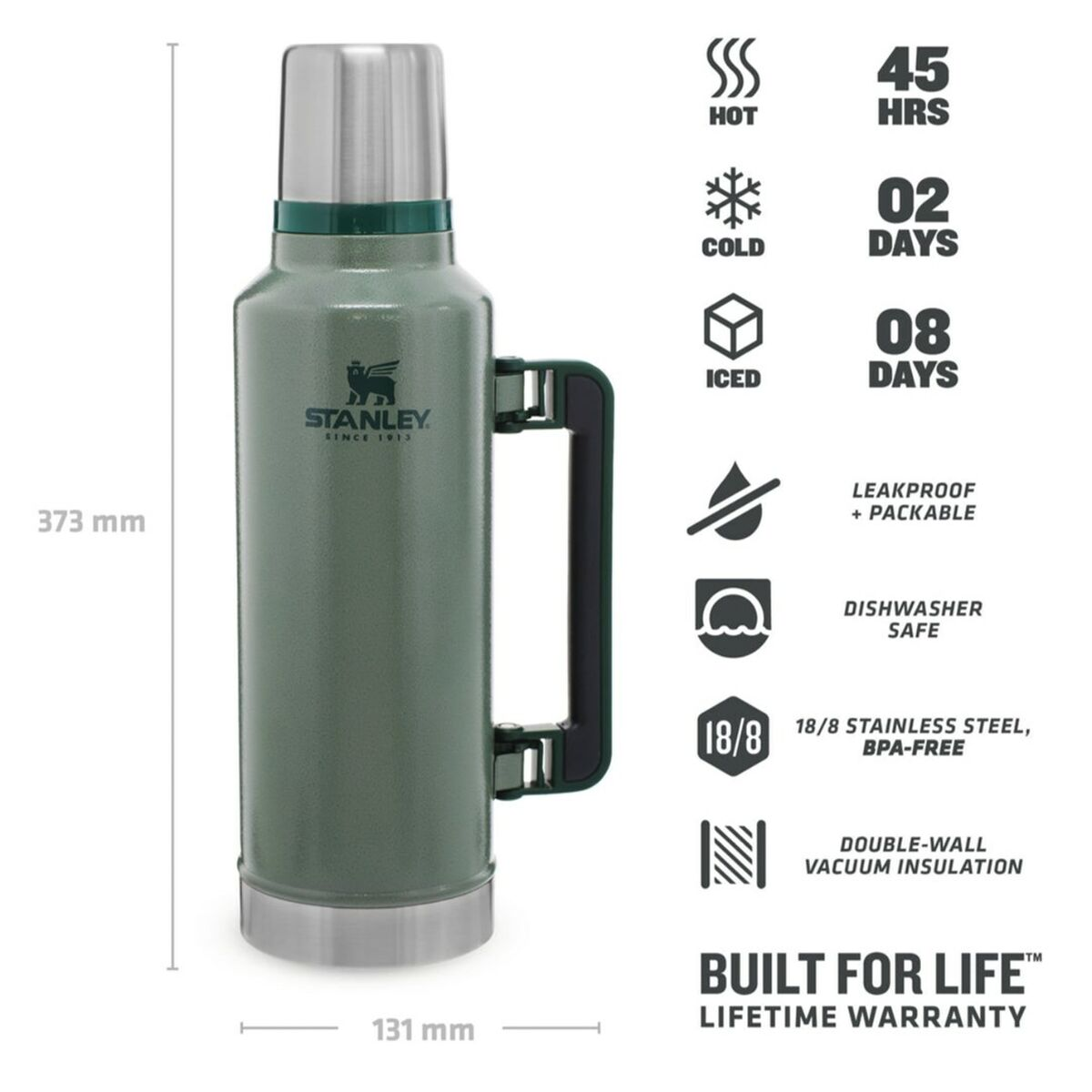 Termo Stanley verde con asa, 373mm alto, 131mm ancho.