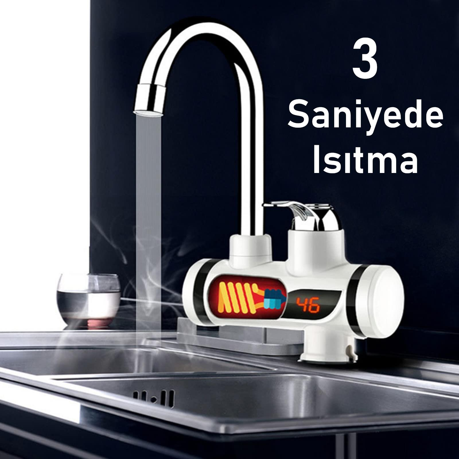 Modern bir musluk suyu ısıtır, 46 derece gösterir. Buhar yükselir.