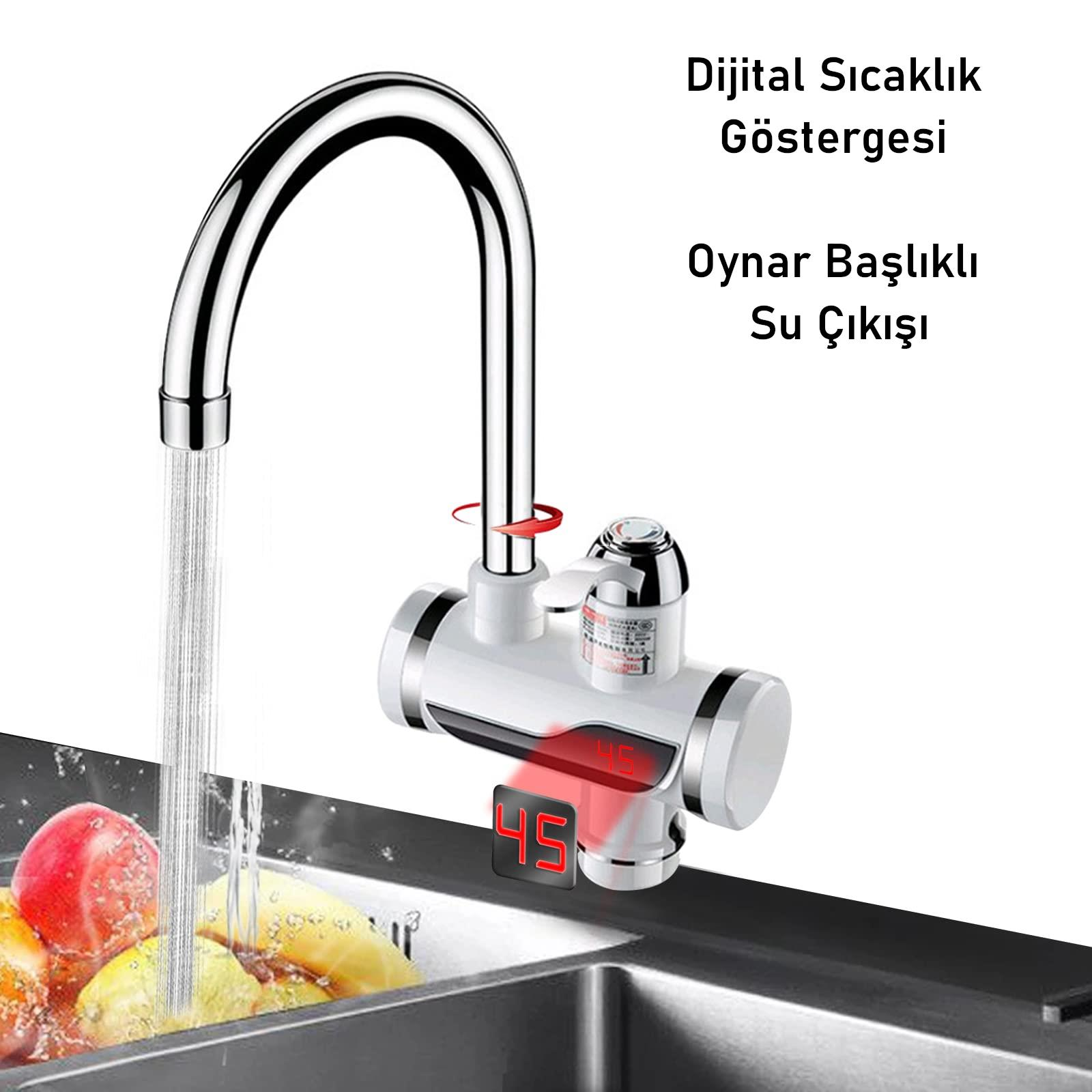 Dijital sıcaklık göstergeli modern musluk, meyveli bir lavaboya su akıtıyor.