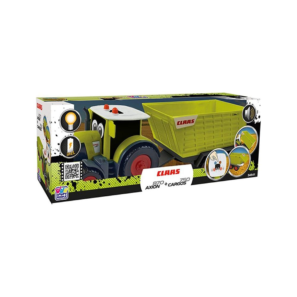 Ein Spielzeug-Traktor mit Anhänger in Grün und Blau auf einer Verpackung.