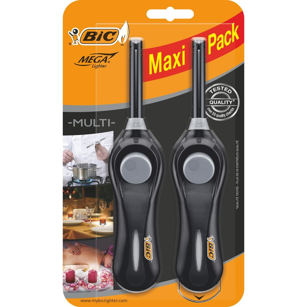Due accendini BIC Maxi in Maxi Pack. Neri con pulsante argentato.
