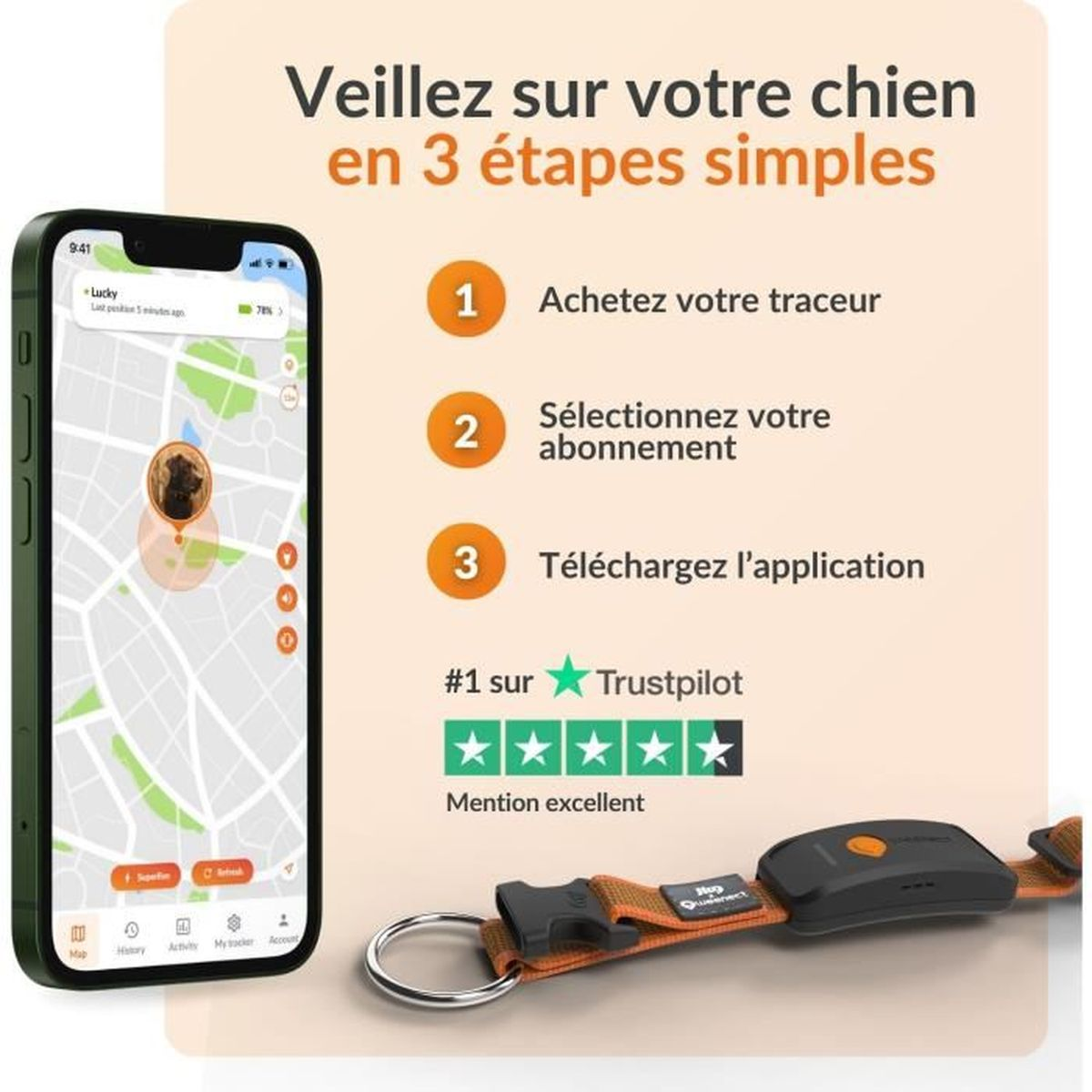 Eine App zeigt Hundetracker-Standort. Schritte: Kaufen, Abonnieren, App.